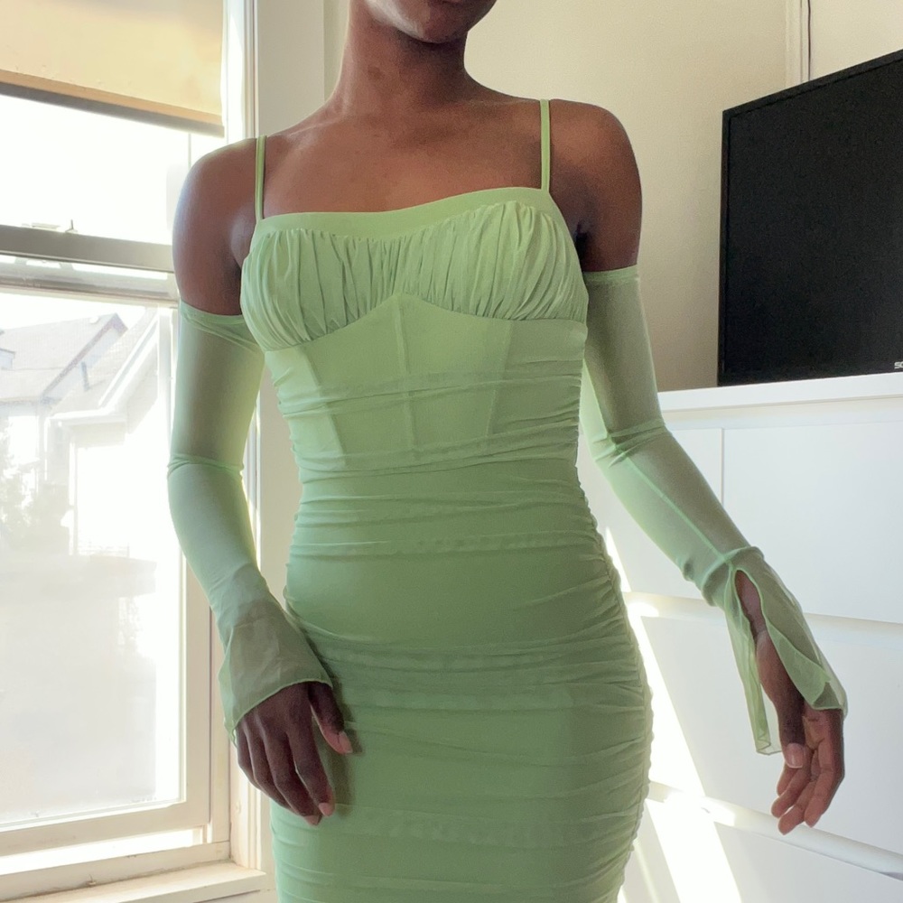 Oh Polly Off Shoulder Ruched Bust Mini Dress Green